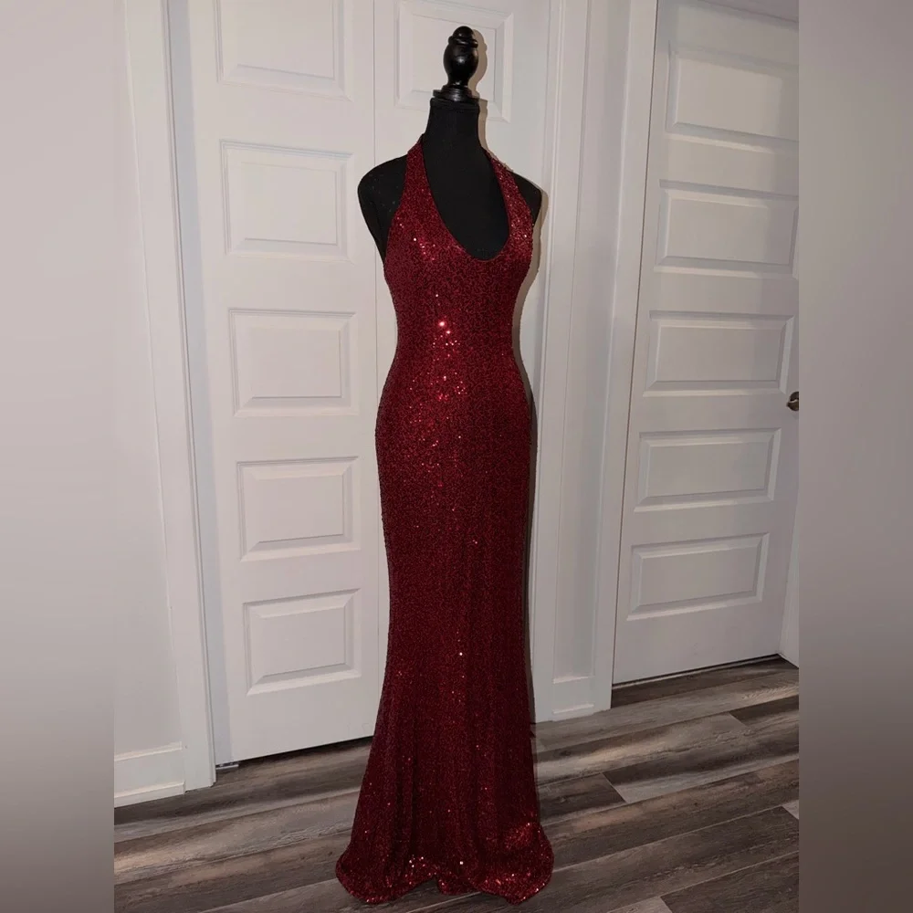 BabyBoo Fashion Elegant Burgundy Sequin Halter Dress - Picture 3 of 8